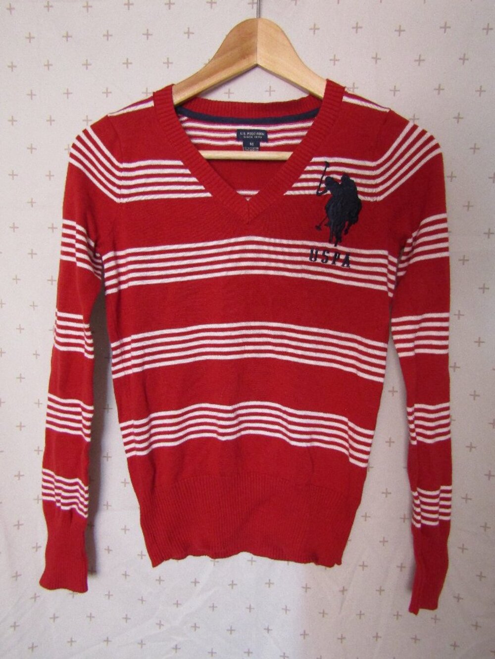 US Polo Assn (USPA) Red White Striped V-Neck Sweater Girl's Size Medium